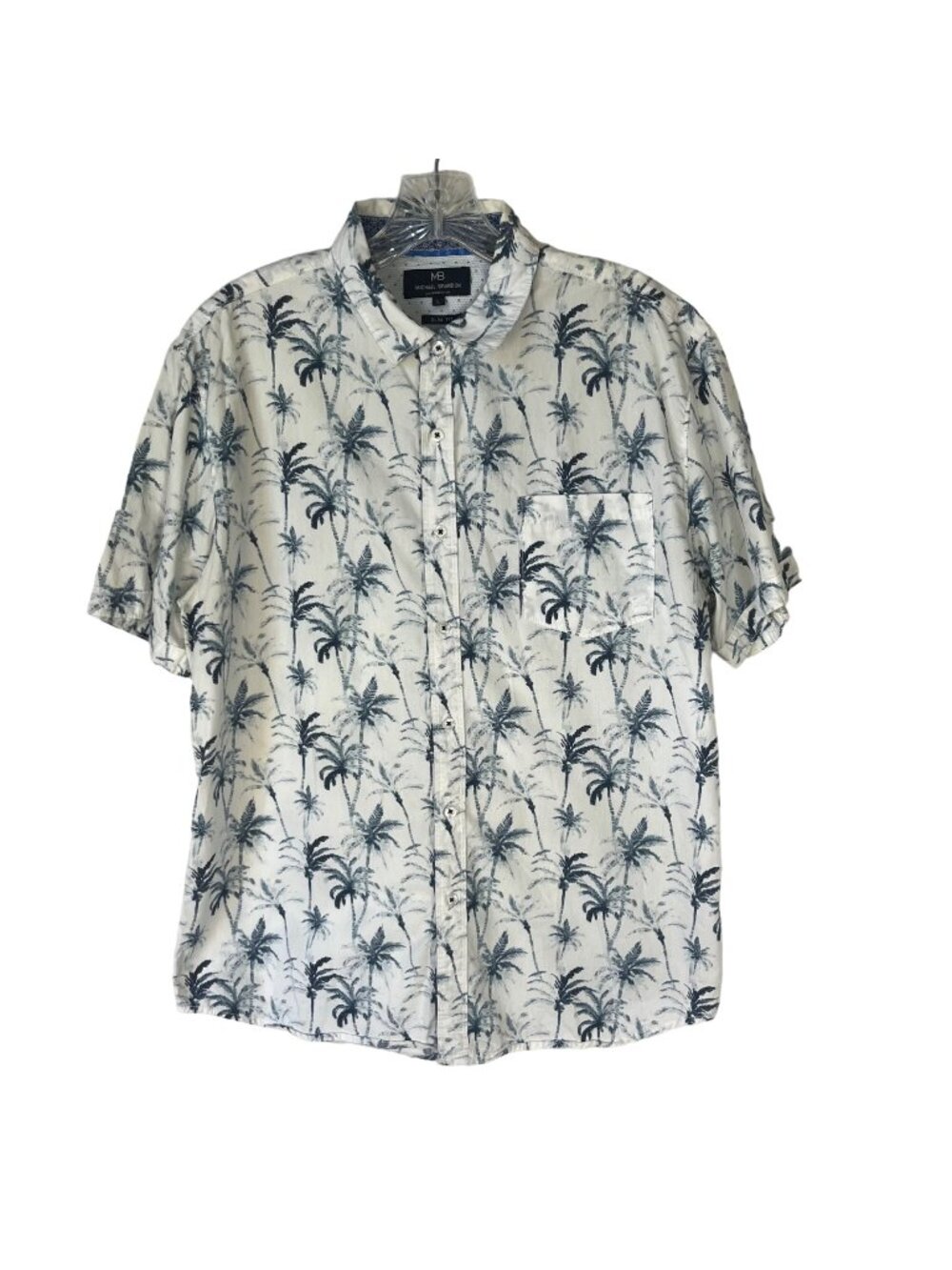 MB Michael Brandon Hawaiian Shirt Large White Blue Casual Slim Fit Summer